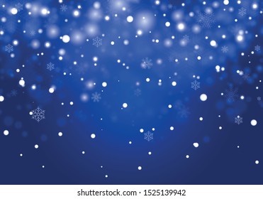 Falling Christmas snow. Realistic falling snowflakes isolated on transparent background. Vector heavy snowfall in different shapes and forms. Place for your text on blue background