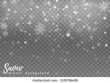 Falling Christmas snow. Realistic falling snowflakes isolated on transparent background. Vector heavy snowfall in different shapes and forms. Place for your text Overlay