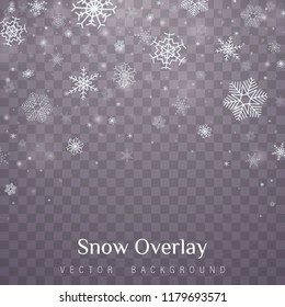 Falling Christmas snow. Snowflakes isolated on transparent background. Vector heavy snowfall, snowflakes in different shapes and forms.