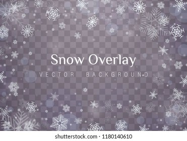 Falling Christmas snow. Snowflakes isolated on transparent background. Vector heavy snowfall, snowflakes in different shapes and forms.