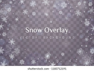 Falling Christmas snow. Snowflakes isolated on transparent background. Vector heavy snowfall, snowflakes in different shapes and forms.
