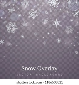 Falling Christmas snow. Snowflakes isolated on transparent background. Vector heavy snowfall, snowflakes in different shapes and forms.