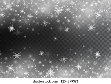 Falling Christmas snow. Snowflakes isolated on transparent background. 