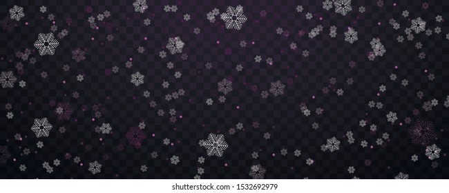 Falling Christmas snow. Snowflakes isolated on transparent background. Vector heavy snowfall, snowflakes in different shapes and forms.