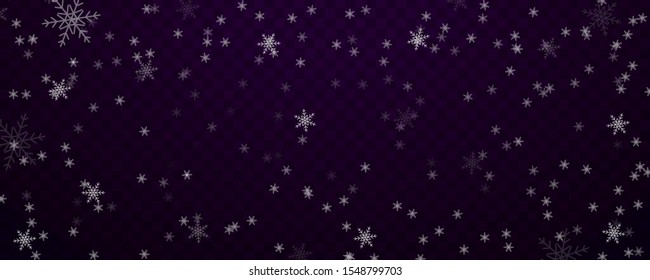 Falling Christmas snow. Snowflakes isolated on transparent background. Vector heavy snowfall, snowflakes in different shapes and forms.