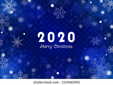 Falling Christmas snow, snowflakes. Vector snowfall in different shapes and forms on transparent background. Happy new year 2020!  Xmas concept  greeting card. Magic holiday poster, banner.