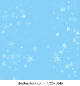 Falling christmas snow. Vector New Year snowflake abstract background. Blue glitter confetti. Snowflakes decoration effect. Winter holiday print. Snowfall texture for poster, banner, card.