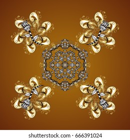 Falling Christmas stylized gold snowflakes. Beautiful vector golden snowflakes isolated on brown background. Illustration. Snowflakes, snowfall.