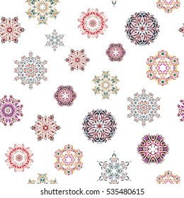 Falling Christmas stylized snowflakes. Beautiful vector red, pink and blue snowflakes isolated on a white background. Snowflakes, snowfall. Illustration.