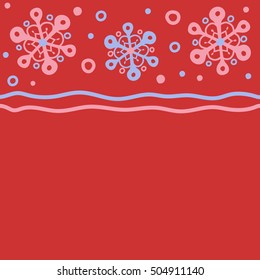 Falling Christmas stylized snowflakes with copy space (place for your text). Beautiful vector snowflakes isolated on red background. Snowflakes, snowfall. Horizontal illustration.