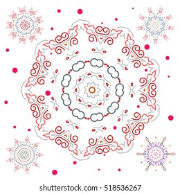 Falling Christmas stylized snowflakes. Set of beautiful vector gray and red snowflakes isolated on a white background. Snowflakes, snowfall. Doodles.