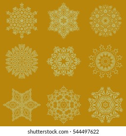 Falling Christmas stylized snowflakes. Set of beautiful vector snowflakes isolated on a yellow background. Snowflakes, snowfall, doodles, abstract.
