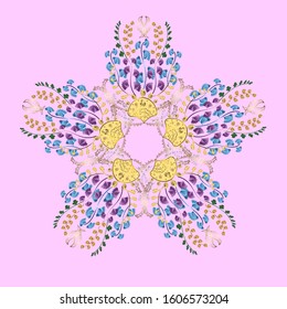 Falling Christmas stylized snowflakes. Snowflakes, snowfall. Beautiful vector yellow, neutral and blue snowflakes isolated on a colorful background. Illustration.