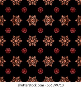 Falling Christmas stylized snowflakes. Snowflakes, snowfall. Illustration. Beautiful vector red and orange snowflakes isolated on a black background.