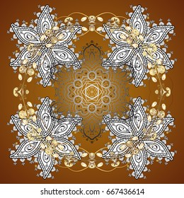 Falling Christmas stylized snowflakes. Snowflakes, snowfall. Illustration. Beautiful vector snowflakes isolated on brown background.