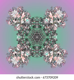Falling Christmas stylized snowflakes. Snowflakes, snowfall. Illustration. Beautiful vector snowflakes isolated on colorful background.