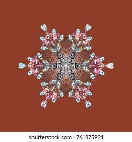 Falling Christmas stylized snowflakes. Snowflakes, snowfall. Illustration. Beautiful vector brown, gray and white snowflakes isolated on a colorful background.