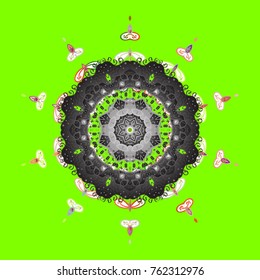 Falling Christmas stylized snowflakes. Snowflakes, snowfall. Illustration. Beautiful vector green, gray and white snowflakes isolated on a colorful background.