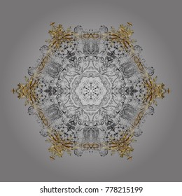 Falling Christmas stylized snowflakes. Snowflakes, snowfall. Illustration. Beautiful vector gray, brown and beige snowflakes isolated on a colorful background.