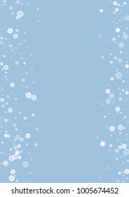 Falling christmas white snow on blue. Vector New Year snowflake abstract background. Gitter confetti. Snowflakes decoration effect. Winter holiday print. Snowfall texture for poster, banner, card.