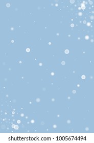 Falling christmas white snow on blue. Vector New Year snowflake abstract background. Gitter confetti. Snowflakes decoration effect. Winter holiday print. Snowfall texture for poster, banner, card.