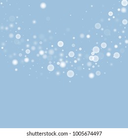 Falling christmas white snow on blue. Vector New Year snowflake abstract background. Gitter confetti. Snowflakes decoration effect. Winter holiday print. Snowfall texture for poster, banner, card.