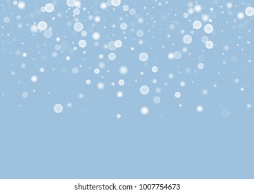 Falling christmas white snow on blue. Vector New Year snowflake abstract background. Gitter confetti. Snowflakes decoration effect. Winter holiday print. Snowfall texture for poster, banner, card.