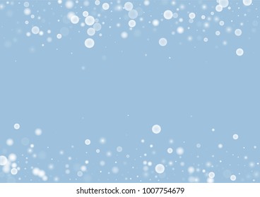 Falling christmas white snow on blue. Vector New Year snowflake abstract background. Gitter confetti. Snowflakes decoration effect. Winter holiday print. Snowfall texture for poster, banner, card.