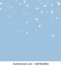 Falling christmas white snow on blue. Vector New Year snowflake abstract background. Gitter confetti. Snowflakes decoration effect. Winter holiday print. Snowfall texture for poster, banner, card.