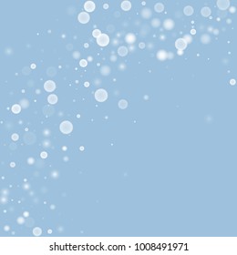 Falling christmas white snow on blue. Vector New Year snowflake abstract background. Gitter confetti. Snowflakes decoration effect. Winter holiday print. Snowfall texture for poster, banner, card.