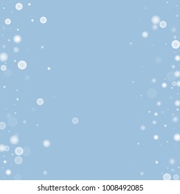 Falling christmas white snow on blue. Vector New Year snowflake abstract background. Gitter confetti. Snowflakes decoration effect. Winter holiday print. Snowfall texture for poster, banner, card.