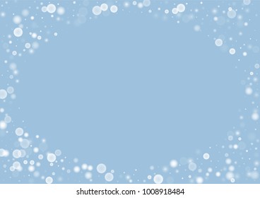 Falling christmas white snow on blue. Vector New Year snowflake abstract background. Gitter confetti. Snowflakes decoration effect. Winter holiday print. Snowfall texture for poster, banner, card.