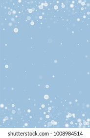 Falling christmas white snow on blue. Vector New Year snowflake abstract background. Gitter confetti. Snowflakes decoration effect. Winter holiday print. Snowfall texture for poster, banner, card.