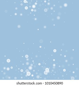 Falling christmas white snow on blue. Vector New Year snowflake abstract background. Gitter confetti. Snowflakes decoration effect. Winter holiday print. Snowfall texture for poster, banner, card.