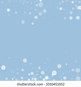 Falling christmas white snow on blue. Vector New Year snowflake abstract background. Gitter confetti. Snowflakes decoration effect. Winter holiday print. Snowfall texture for poster, banner, card.