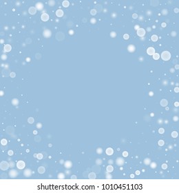 Falling christmas white snow on blue. Vector New Year snowflake abstract background. Gitter confetti. Snowflakes decoration effect. Winter holiday print. Snowfall texture for poster, banner, card.