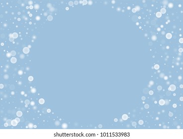 Falling christmas white snow on blue. Vector New Year snowflake abstract background. Gitter confetti. Snowflakes decoration effect. Winter holiday print. Snowfall texture for poster, banner, card.