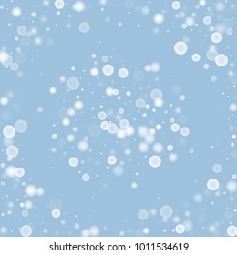 Falling christmas white snow on blue. Vector New Year snowflake abstract background. Gitter confetti. Snowflakes decoration effect. Winter holiday print. Snowfall texture for poster, banner, card.