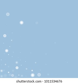 Falling christmas white snow on blue. Vector New Year snowflake abstract background. Gitter confetti. Snowflakes decoration effect. Winter holiday print. Snowfall texture for poster, banner, card.