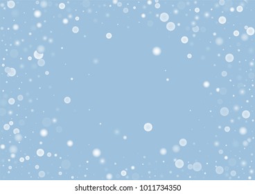 Falling christmas white snow on blue. Vector New Year snowflake abstract background. Gitter confetti. Snowflakes decoration effect. Winter holiday print. Snowfall texture for poster, banner, card.