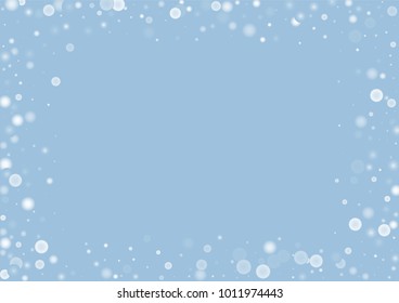 Falling christmas white snow on blue. Vector New Year snowflake abstract background. Gitter confetti. Snowflakes decoration effect. Winter holiday print. Snowfall texture for poster, banner, card.