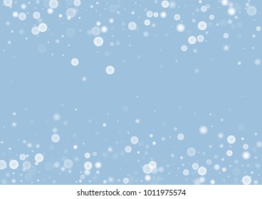 Falling christmas white snow on blue. Vector New Year snowflake abstract background. Gitter confetti. Snowflakes decoration effect. Winter holiday print. Snowfall texture for poster, banner, card.