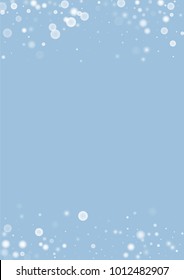 Falling christmas white snow on blue. Vector New Year snowflake abstract background. Gitter confetti. Snowflakes decoration effect. Winter holiday print. Snowfall texture for poster, banner, card.