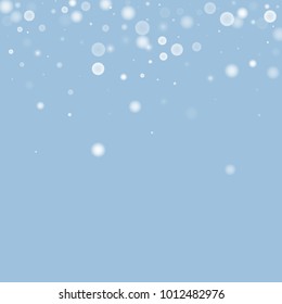 Falling christmas white snow on blue. Vector New Year snowflake abstract background. Gitter confetti. Snowflakes decoration effect. Winter holiday print. Snowfall texture for poster, banner, card.