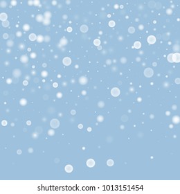 Falling christmas white snow on blue. Vector New Year snowflake abstract background. Gitter confetti. Snowflakes decoration effect. Winter holiday print. Snowfall texture for poster, banner, card.