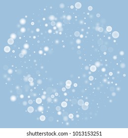 Falling christmas white snow on blue. Vector New Year snowflake abstract background. Gitter confetti. Snowflakes decoration effect. Winter holiday print. Snowfall texture for poster, banner, card.