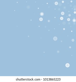 Falling christmas white snow on blue. Vector New Year snowflake abstract background. Gitter confetti. Snowflakes decoration effect. Winter holiday print. Snowfall texture for poster, banner, card.