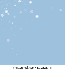 Falling christmas white snow on blue. Vector New Year snowflake abstract background. Gitter confetti. Snowflakes decoration effect. Winter holiday print. Snowfall texture for poster, banner, card.