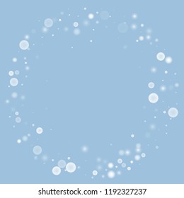 Falling christmas white snow on blue. Vector New Year snowflake abstract background. Gitter confetti. Snowflakes decoration effect. Winter holiday print. Snowfall texture for poster, banner, card.