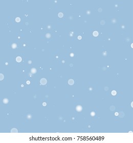 Falling christmas white snow on blue. Vector New Year snowflake abstract background. Gitter confetti. Snowflakes decoration effect. Winter holiday print. Snowfall texture for poster, banner, card.